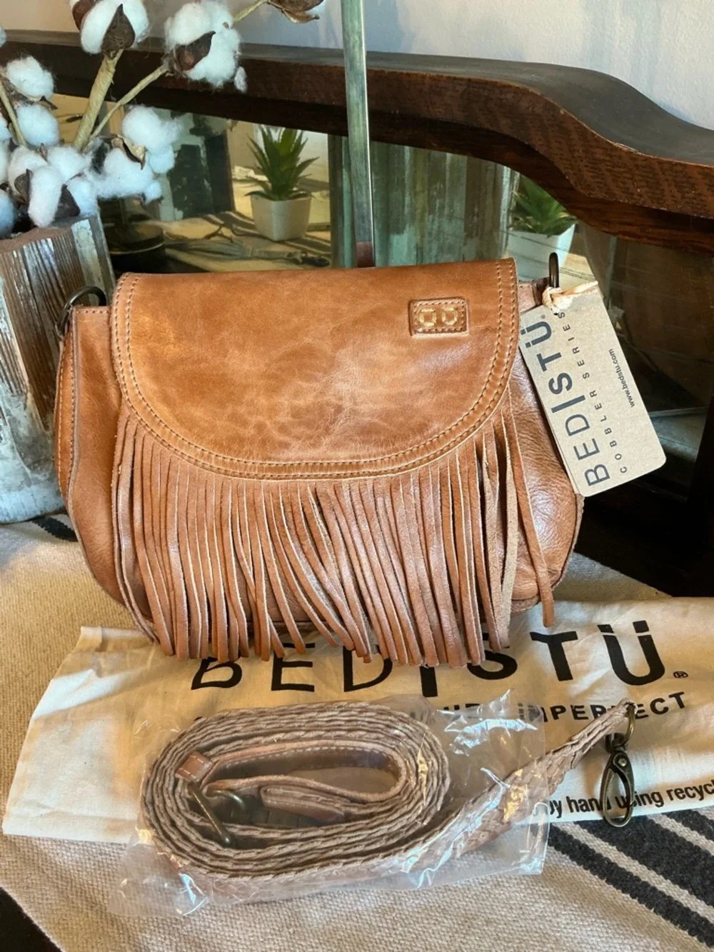 NWT Bed Stu Leather Eastend Fringe Crossbody Bag Tan Dip Dyed Retail $165